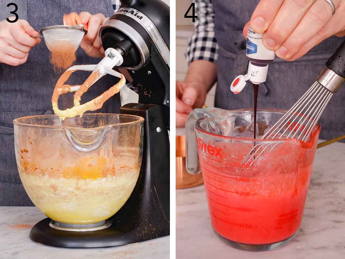 Set of two photos showing cocoa sifted into the batter and red dye added to buttermilk.