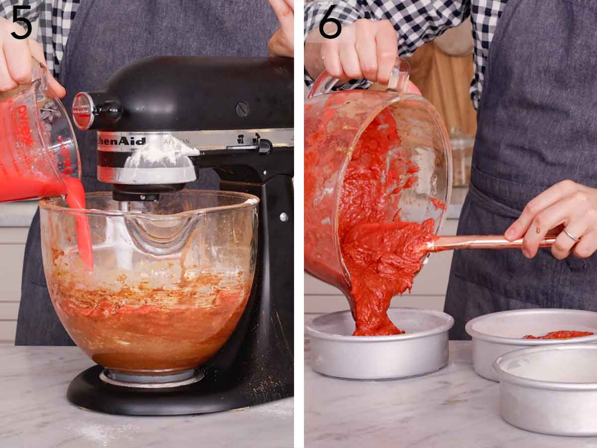 Set of two photos showing the dyed buttermilk added to the mixer and then combined batter portioned into cake pans.