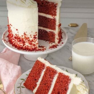 Pinterest graphic of a slice of red velvet cake on a plate in front of a cake stand with the rest of the cake.