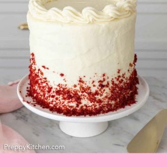 Pinterest graphic of a red velvet cake on a white cake stand.