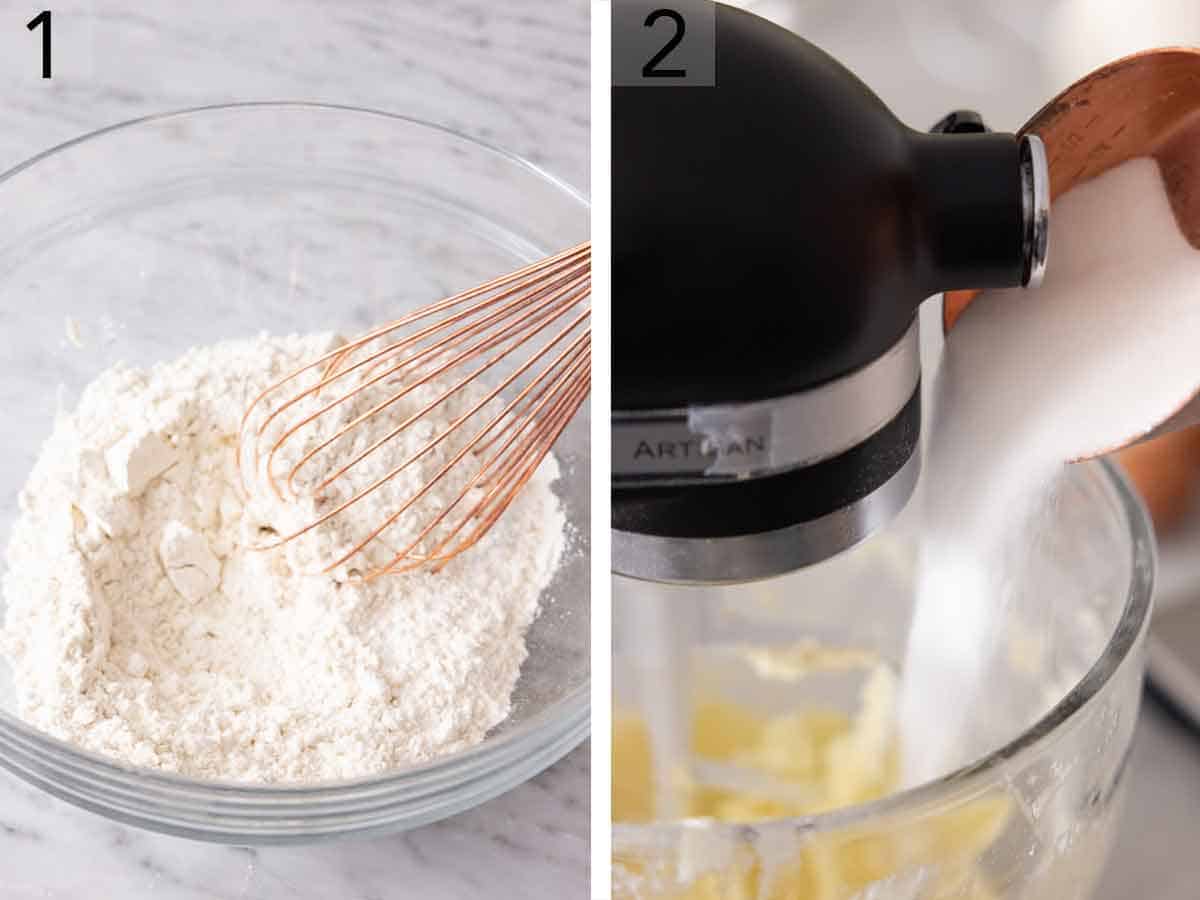 Set of two photos showing dry ingredients whisked and sugar added to a mixer bowl.