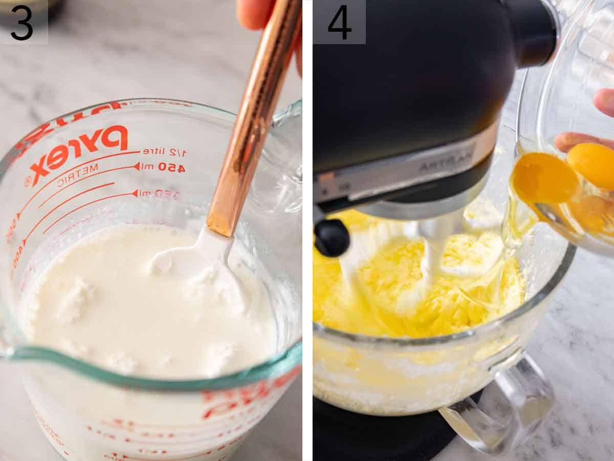 Set of two photos showing milk and sour cream combined and eggs added to the mixer.