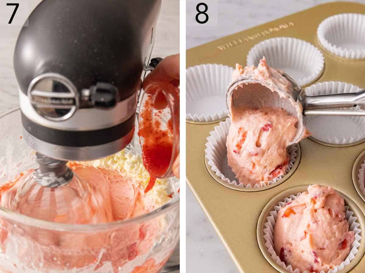 Set of two photos showing food colouring added and batter scooped into liners.