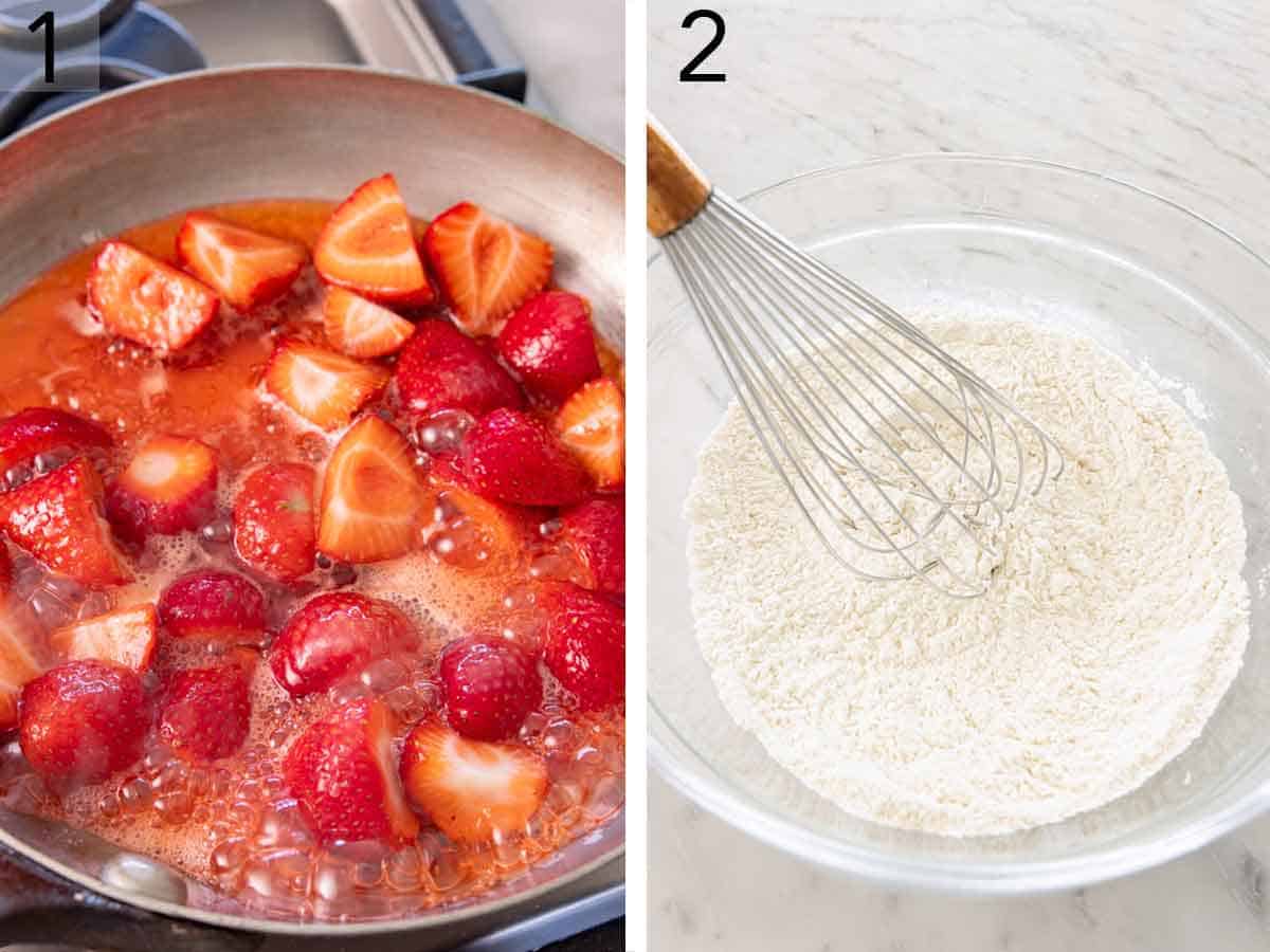 Set of two photos showing strawberries cooking in a skillet and dry ingredients whisked together.