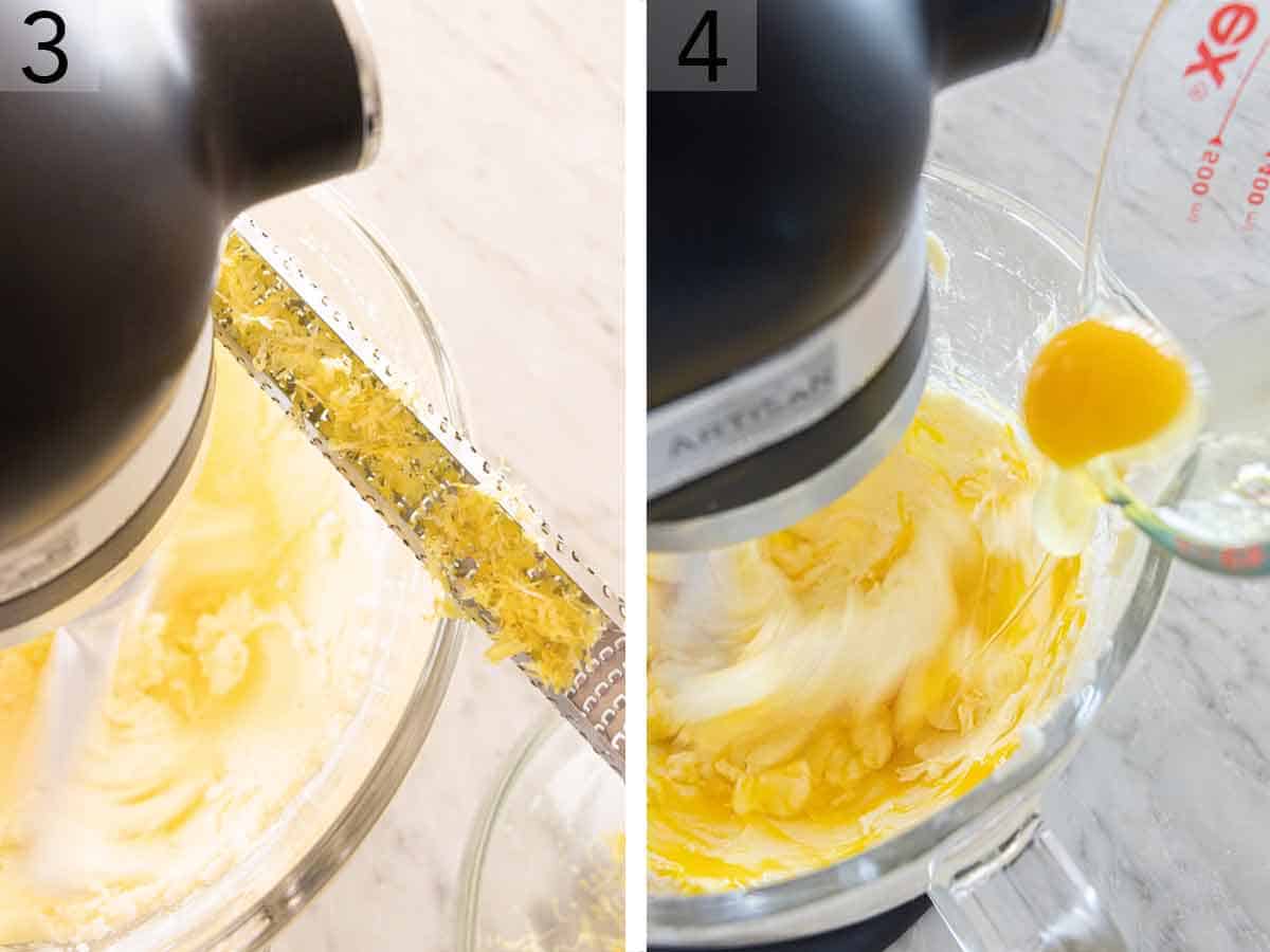 Set of two photos showing lemon zest and eggs added to the mixer.