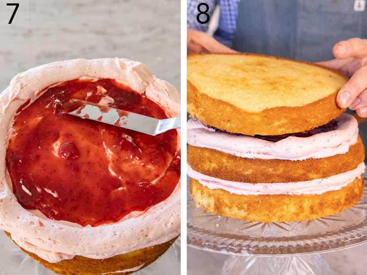 Set of two photos showing strawberry reduction spread over the frosting and a cake layer added over top.