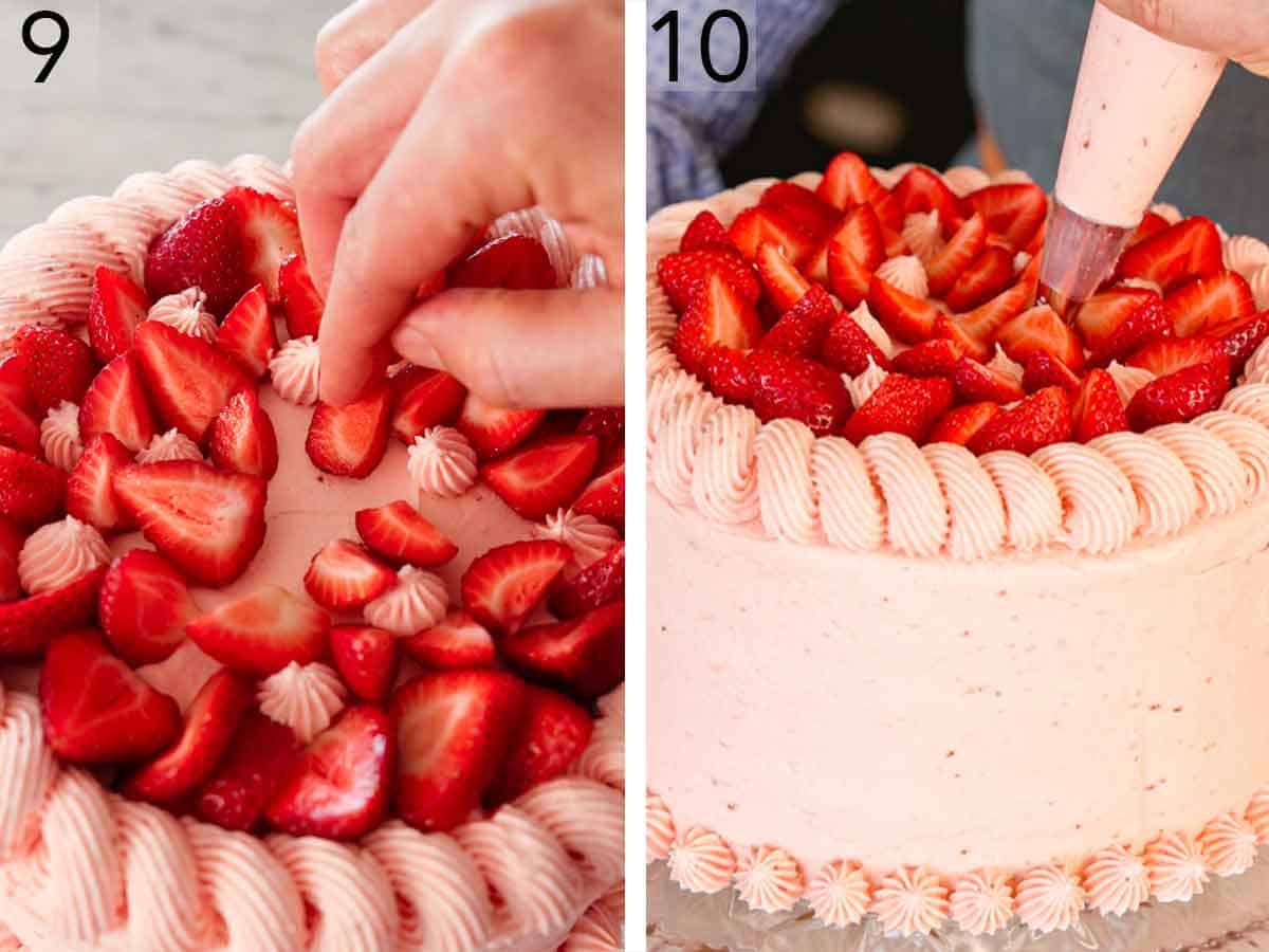 Set of two photos showing fresh cut strawberries added on top of the cake and frosting piped between.