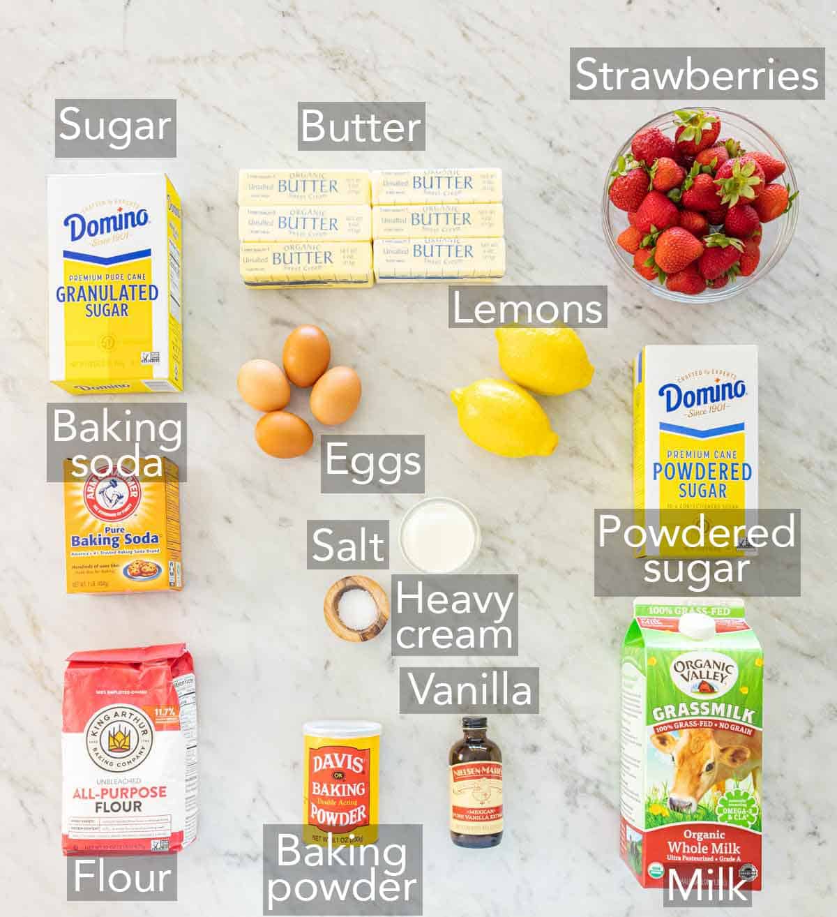 Ingredients needed to make strawberry lemonade cake.