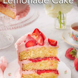 Pinterest graphic of a slice of strawberry lemonade cake on a plate, showing the strawberry and frosting layered between three cake layers.