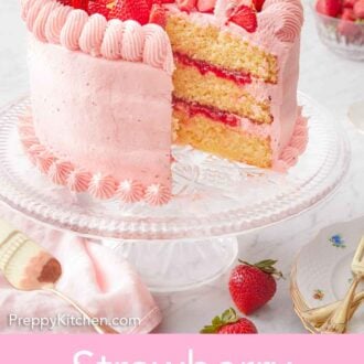 Pinterest graphic of a cut strawberry lemonade cake on a cake stand.