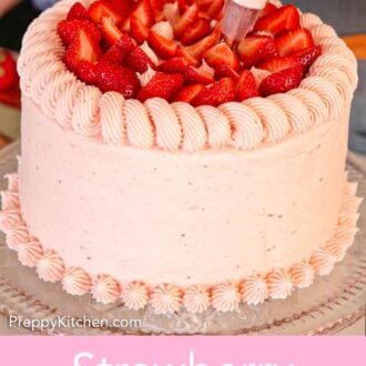 Pinterest graphic of frosting being piped onto the top of a strawberry lemonade cake.