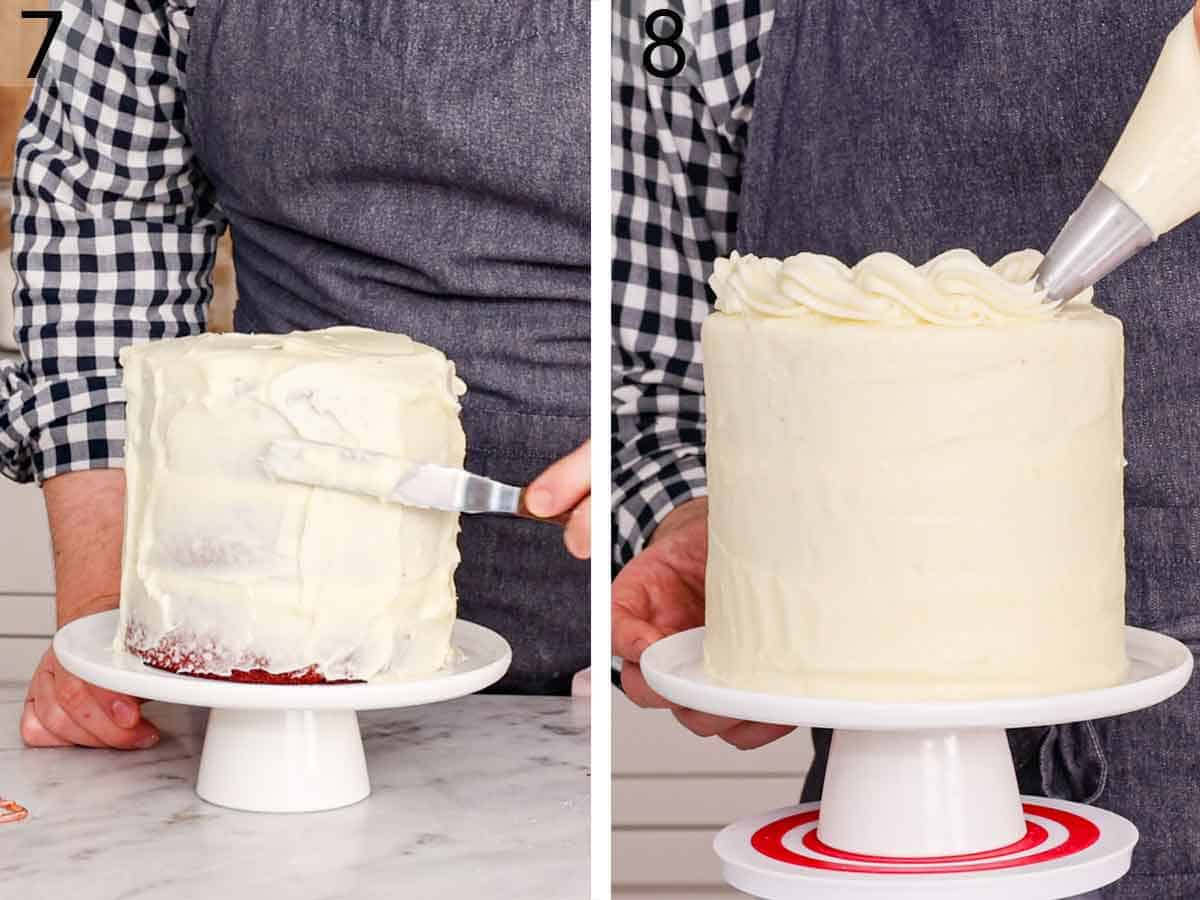 Set of two photos showing the cake covered in frosting and frosting piped on top.