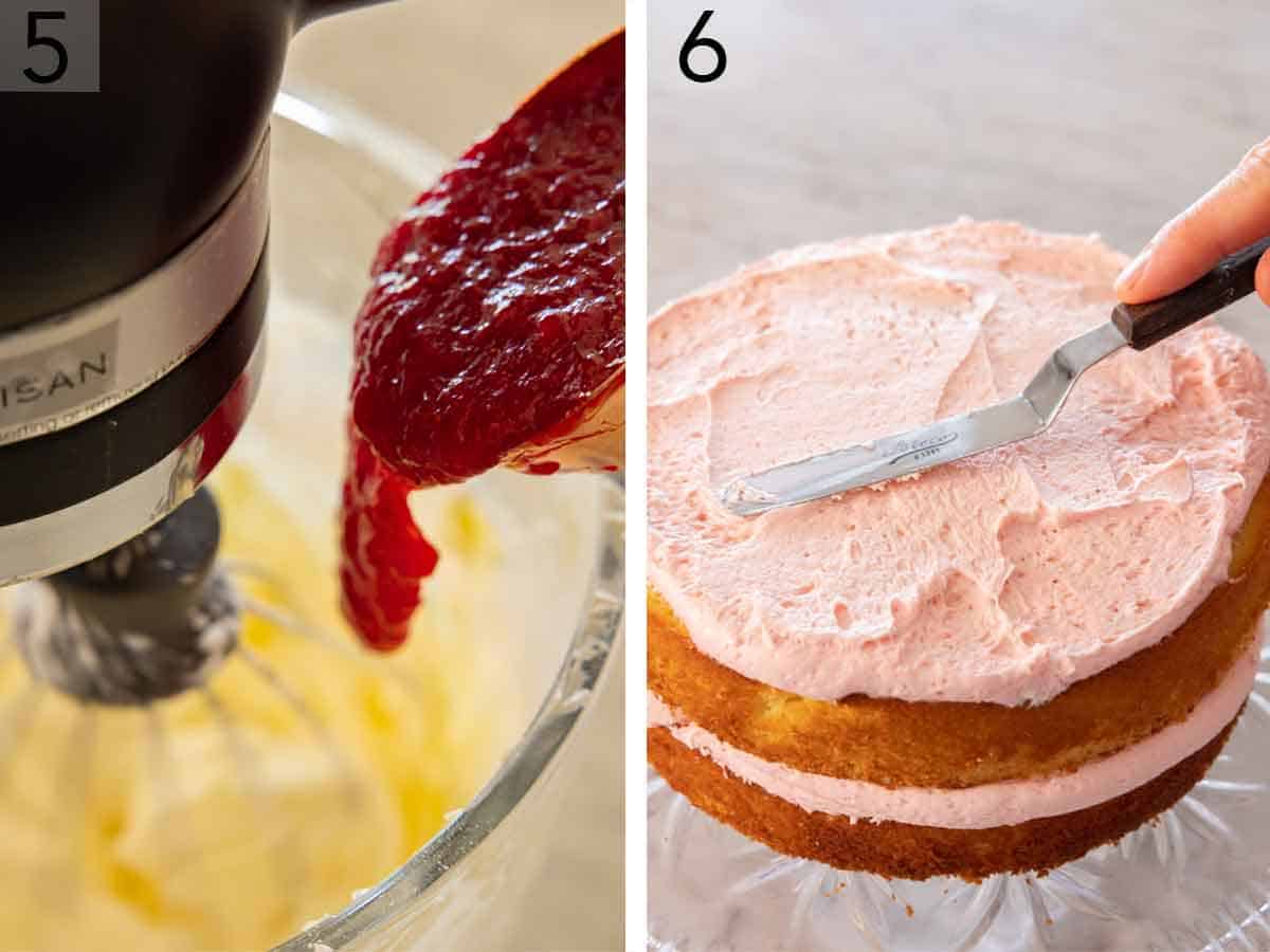 Set of two photos showing the strawberry reduction added to beaten butter and the cake frosted.