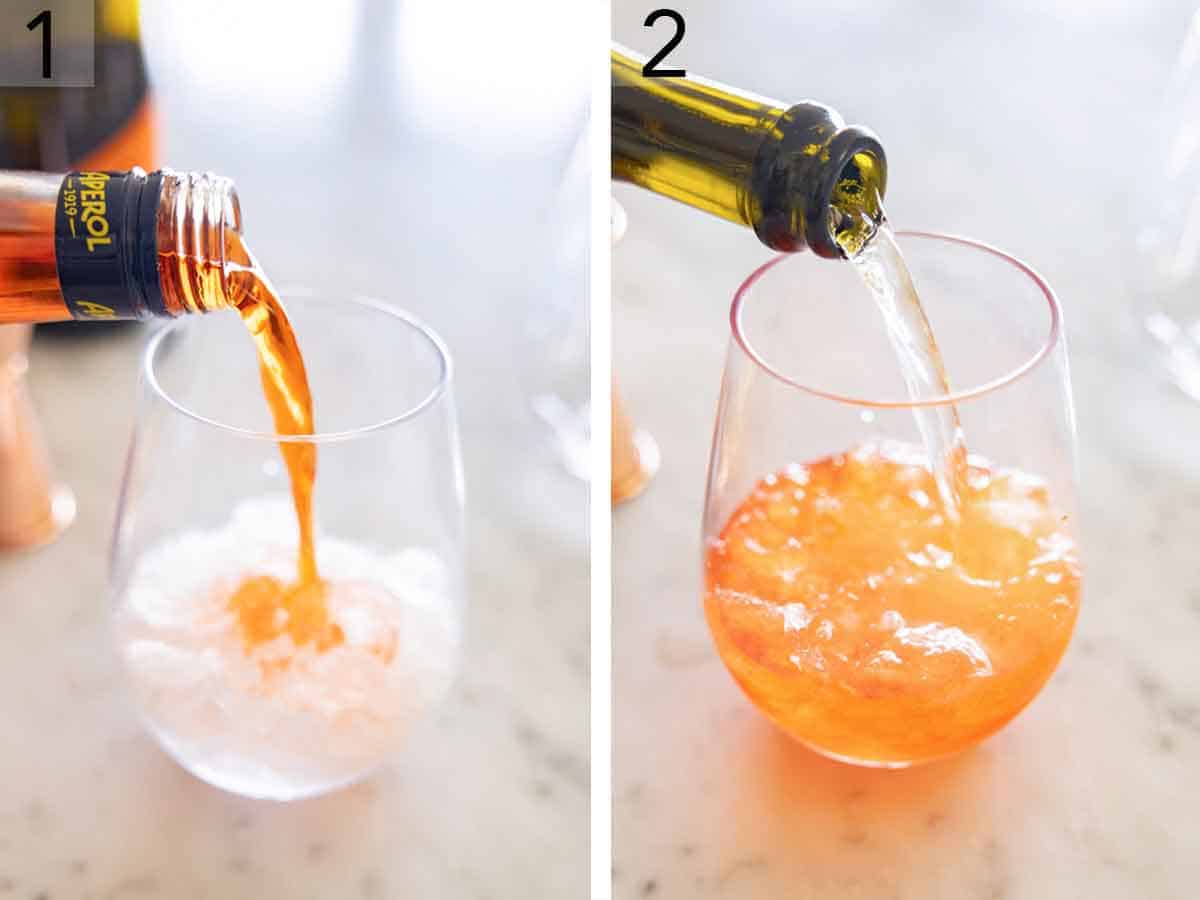 Set of two photos showing aperol and prosecco poured into a glass of ice.