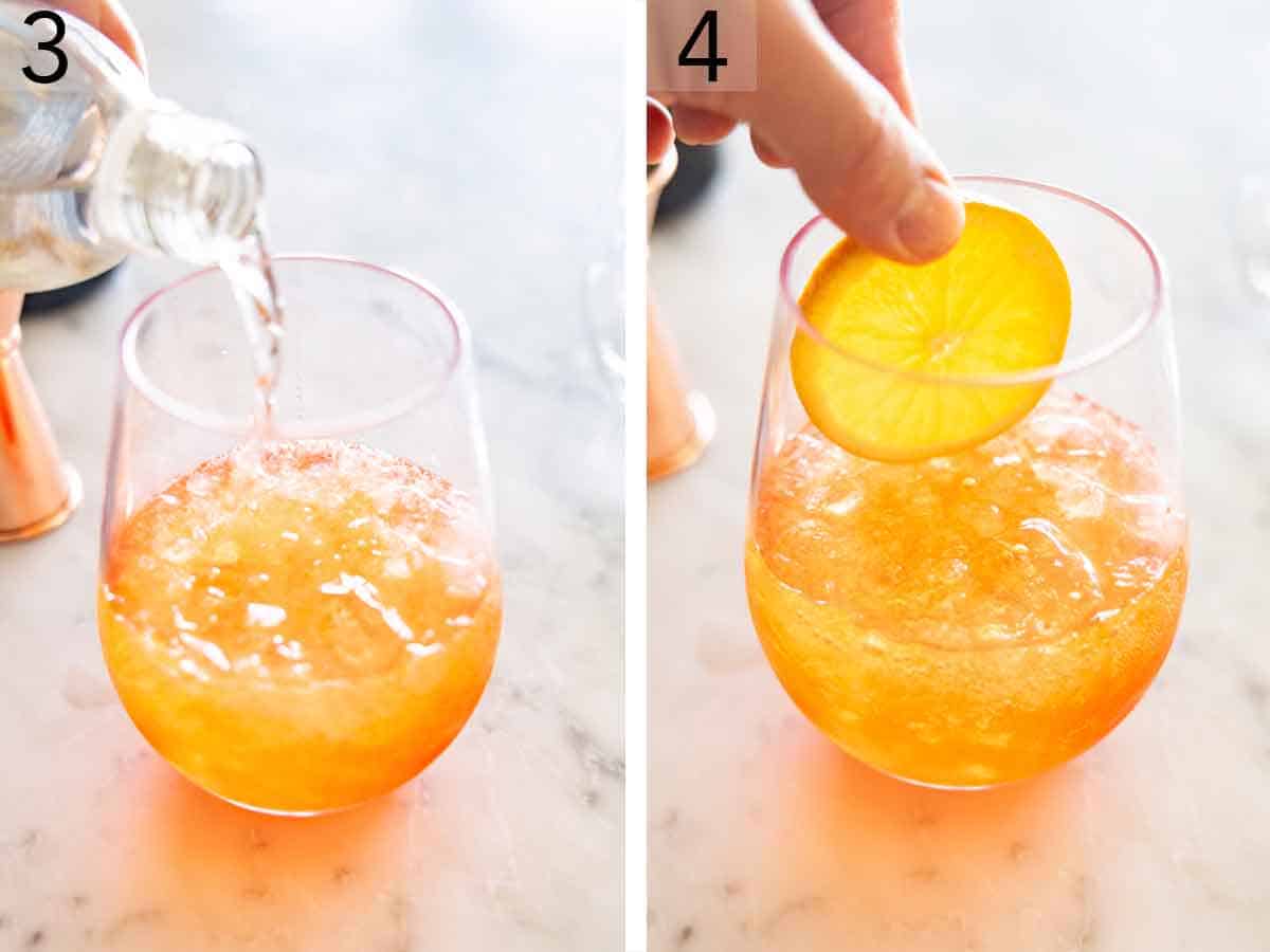 Set of two photos showing club soda and sliced orange added to the glass.
