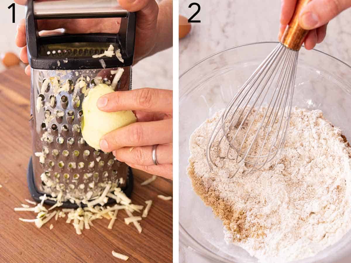 Set of two photos showing an apple grated and dry ingredients whisked.