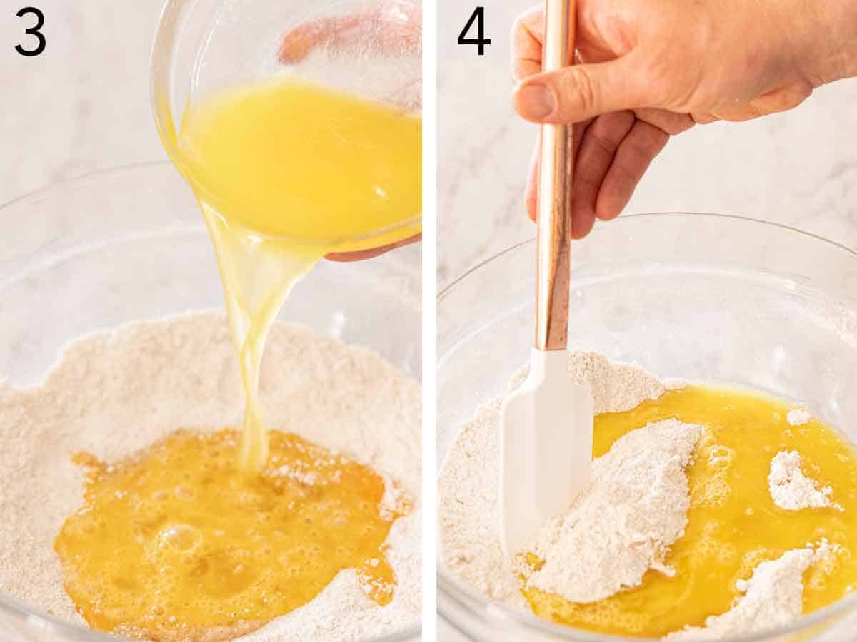 Set of two photos showing wet ingredients added and stirred into the dry ingredients.