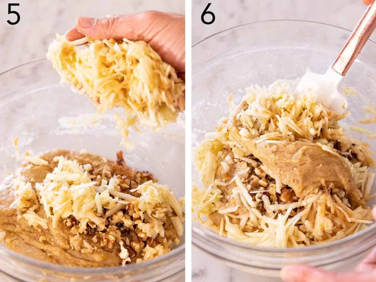 Set of two photos showing shredded apple added to the batter and stirred.