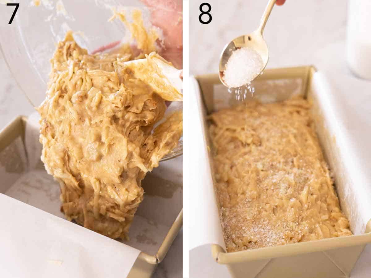 Set of two photos showing batter added to a loaf pan and topped with sugar.