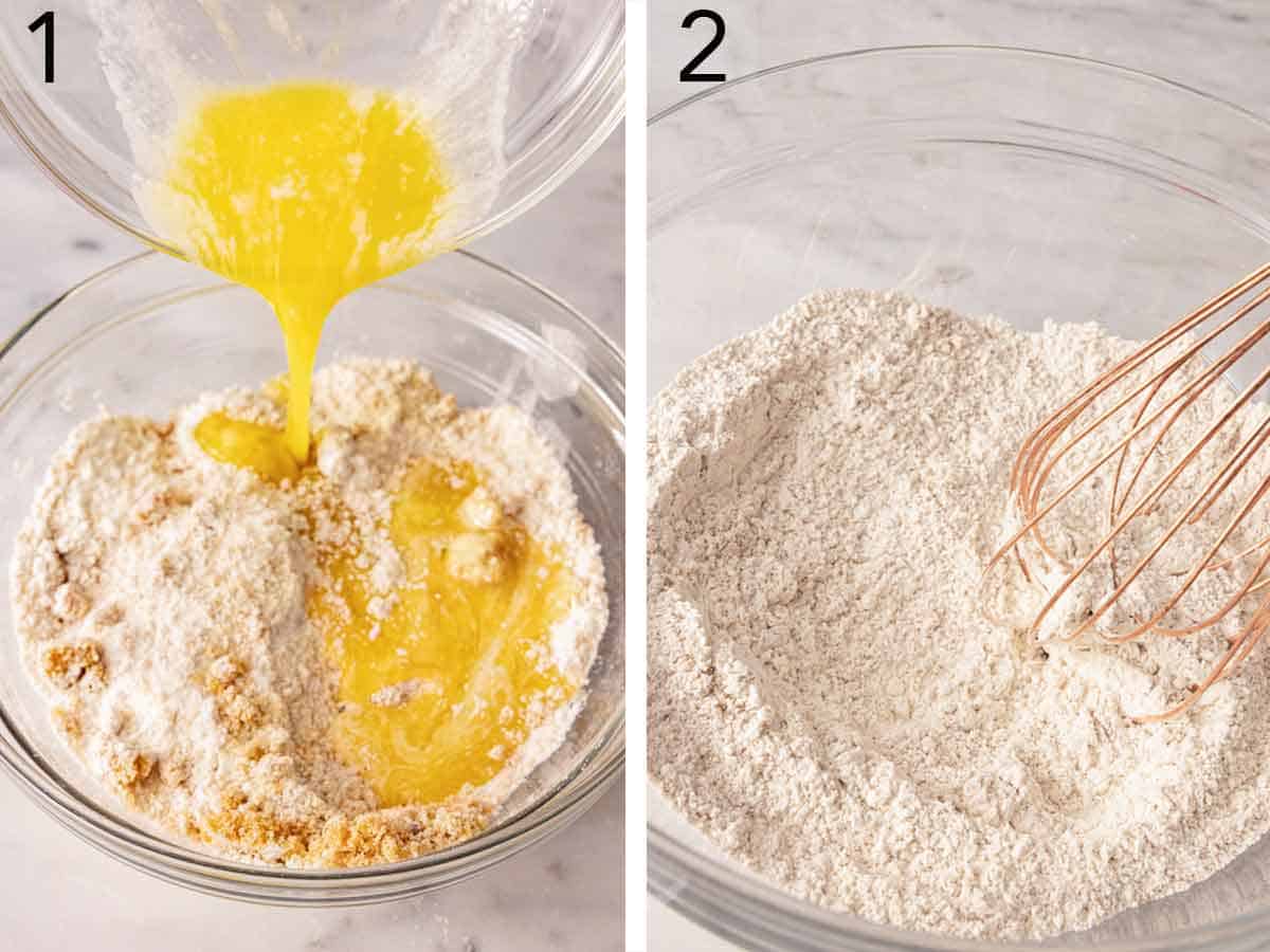 Set of two photos showing the topping ingredients needed to a bowl and dry ingredients whisked in another bowl.