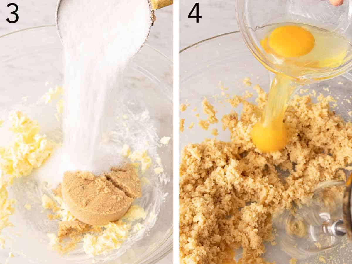 Set of two photos showing sugars added to creamed butter and then eggs added.