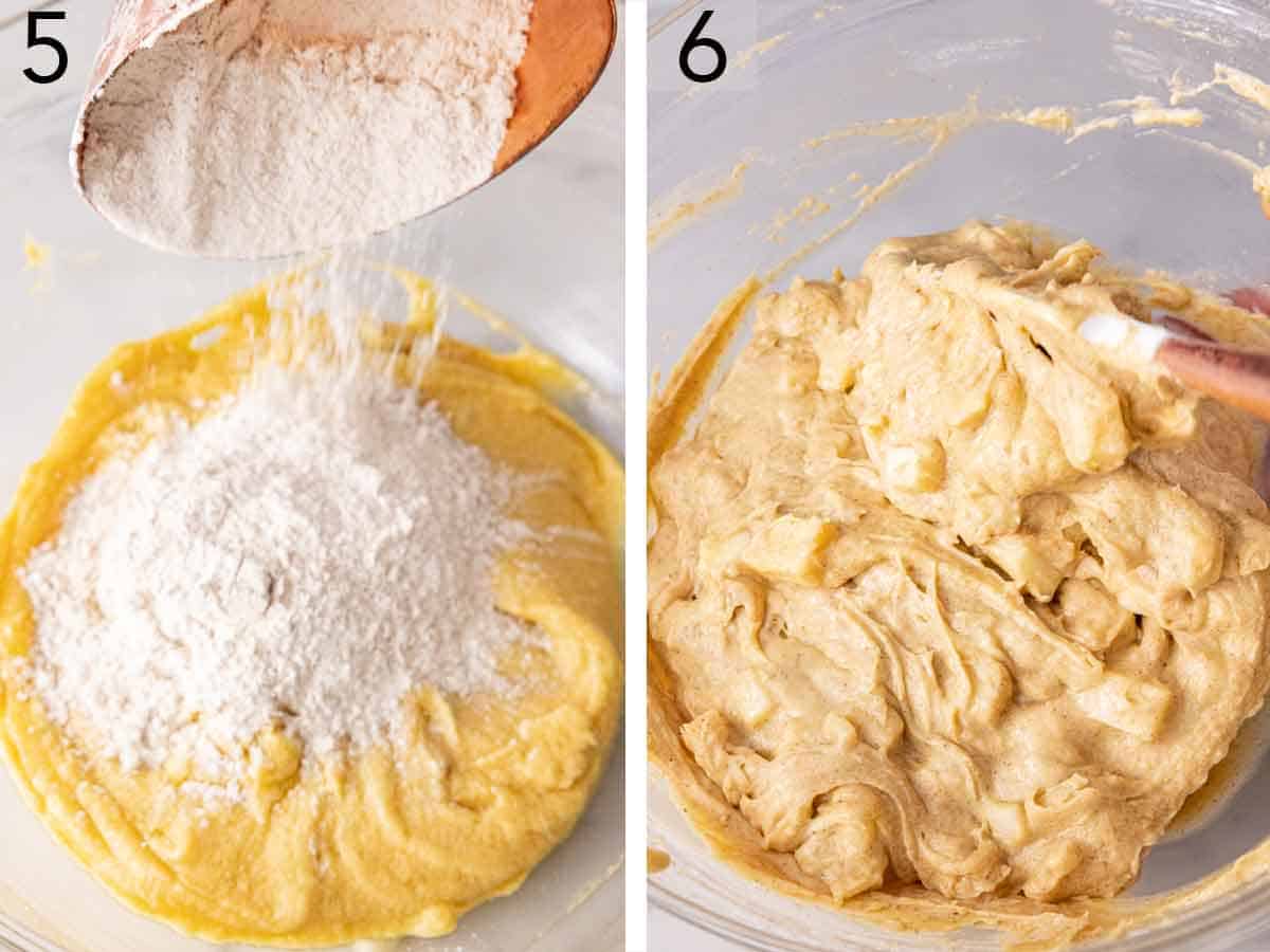 Set of two photos showing dry ingredients mixed into the batter.