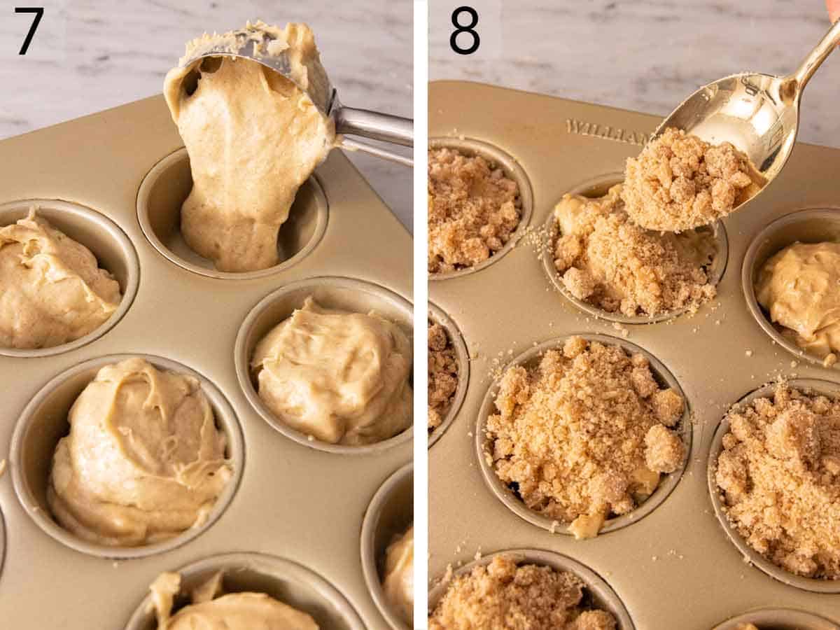 Set of two photos showing batter and topping added to the muffin tin.
