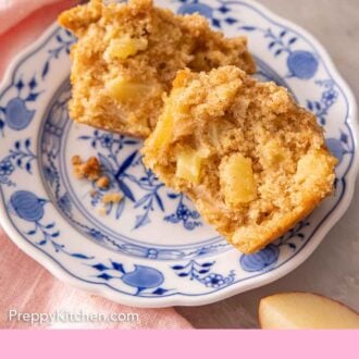Pinterest graphic of an apple muffin cut open on a plate.