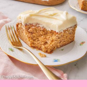 Pinterest graphic of a slice of banana cake with a bite taken and a fork resting in front of it.