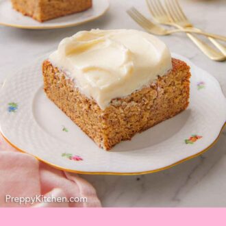 Pinterest graphic of three servings of banana cake with one plate in front and in focus.