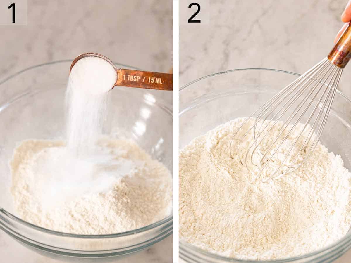 Set of two photos showing dry ingredients added to a bowl and whisked together.