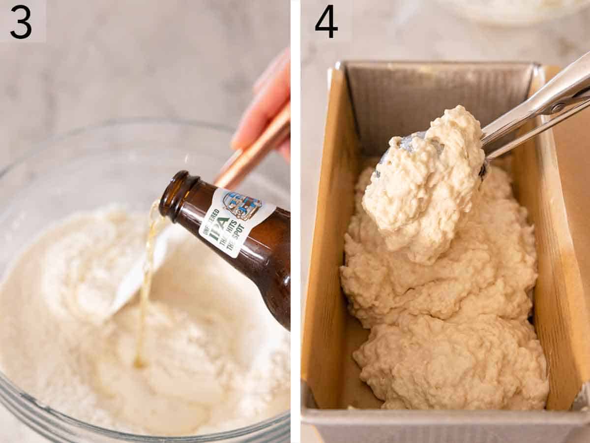 Set of two photos showing beer added to make a batter then transferred to a loaf pan.