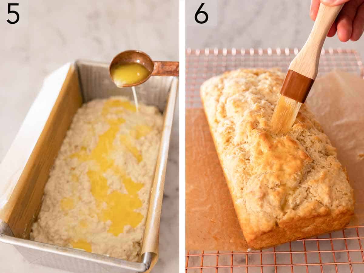 Set of two photos showing melted butter poured on top of the batter before baking then more butter brushed on top.
