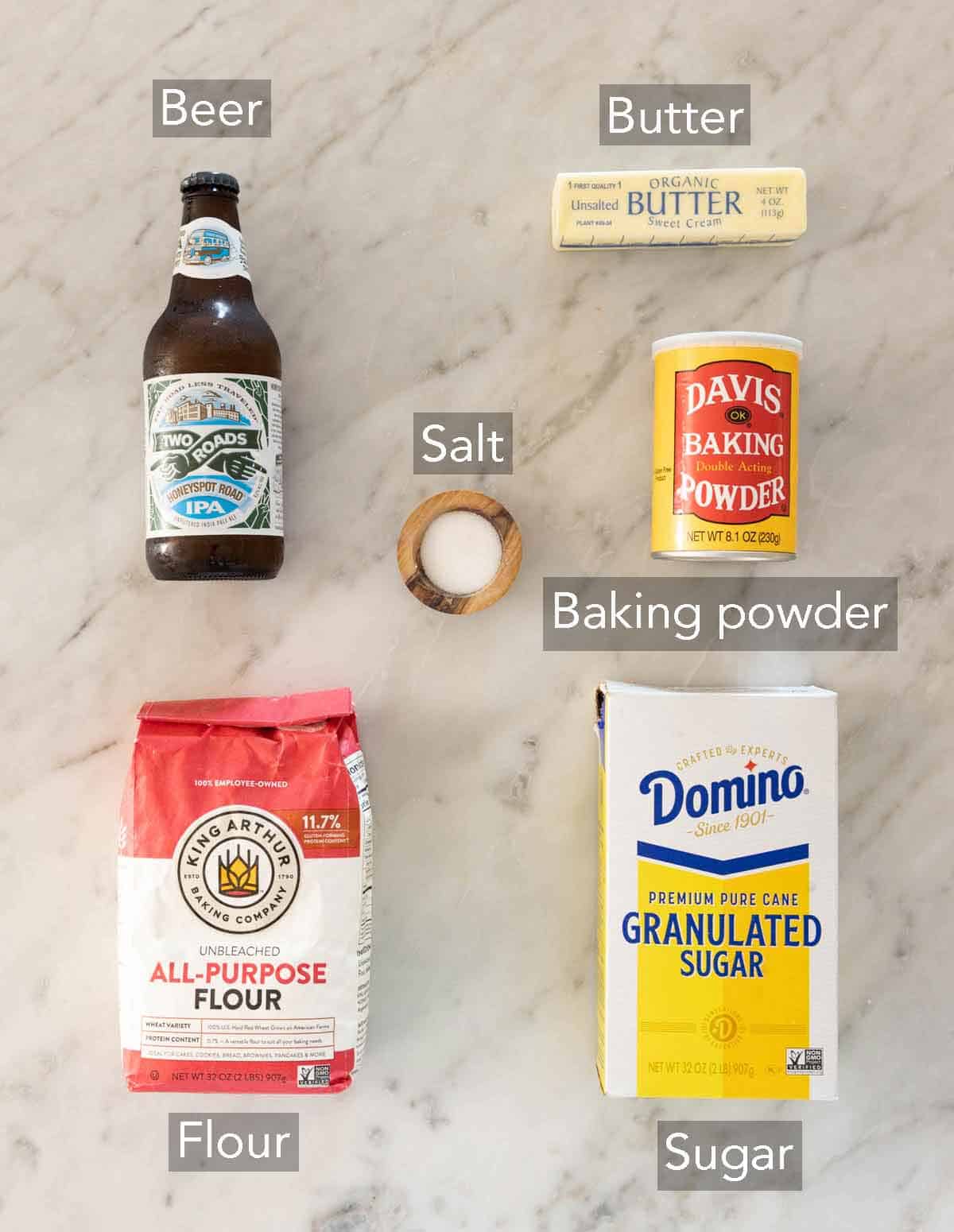 Ingredients needed to make beer bread.