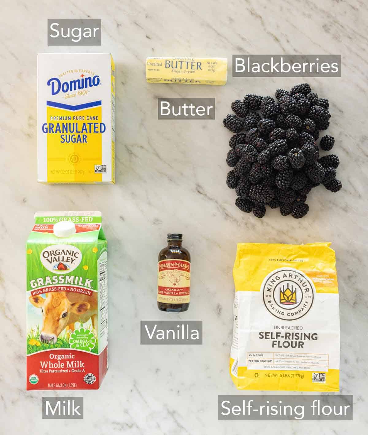 Ingredients needed to make a blackberry cobbler.