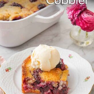 Pinterest graphic of a plate with a square piece of blackberry cobbler with a scoop of vanilla ice cream on top.