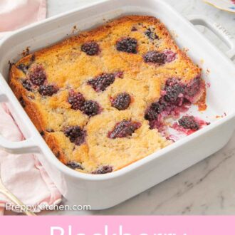 Pinterest graphic of a white baking dish filled with blackberry cobbler.