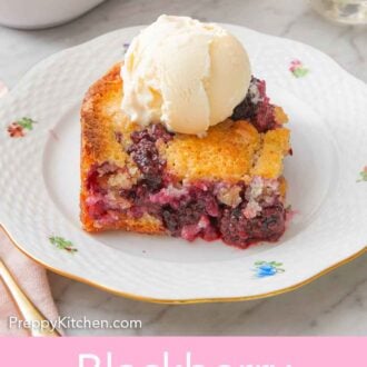 Pinterest graphic of a plate with a serving of blackberry cobbler with a scoop of vanilla ice cream on top.