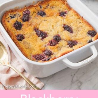 Pinterest graphic of blackberry cobbler in a white square baking dish.