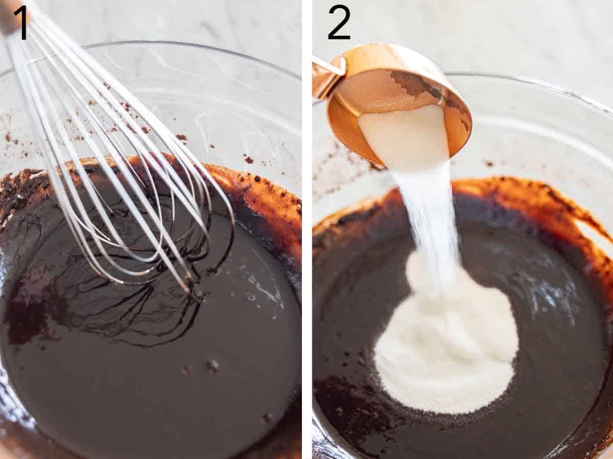 Set of two photos showing melted butter whisked with cocoa powder then sugar added.