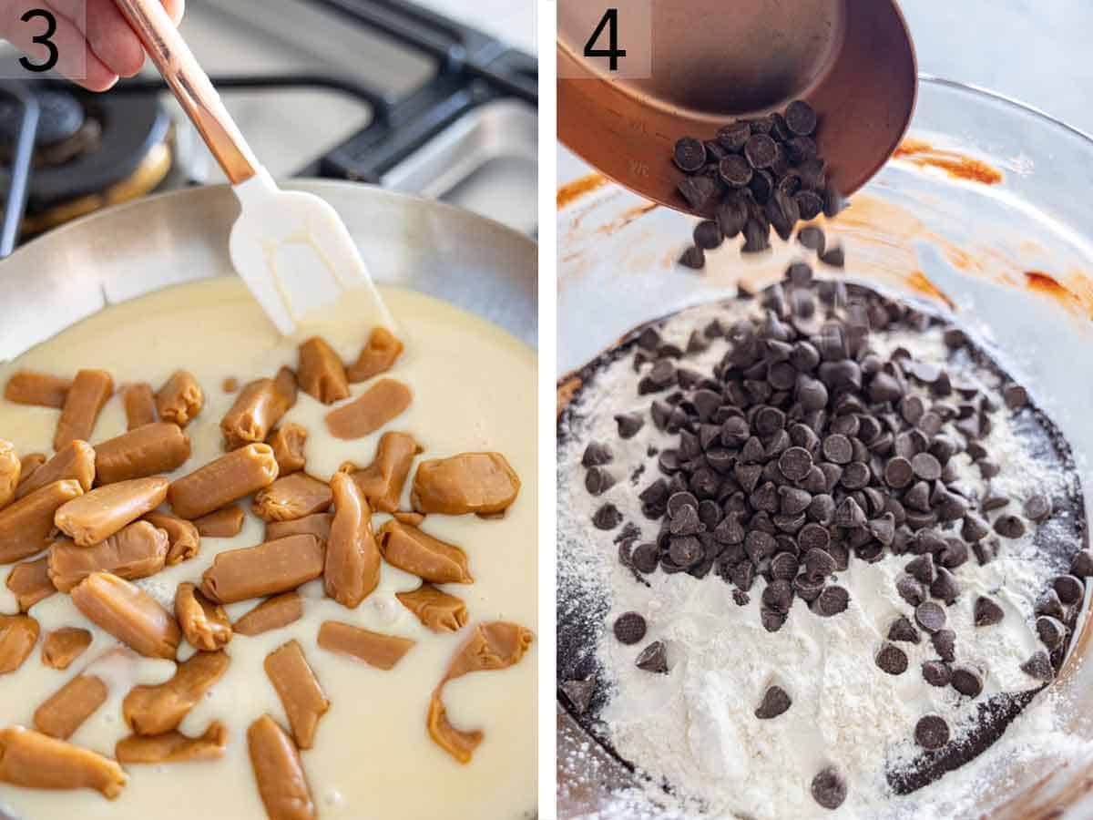 Set of two photos showing candies stirred into condensed milk and chocolate chips added to the bowl of chocolate liquid.