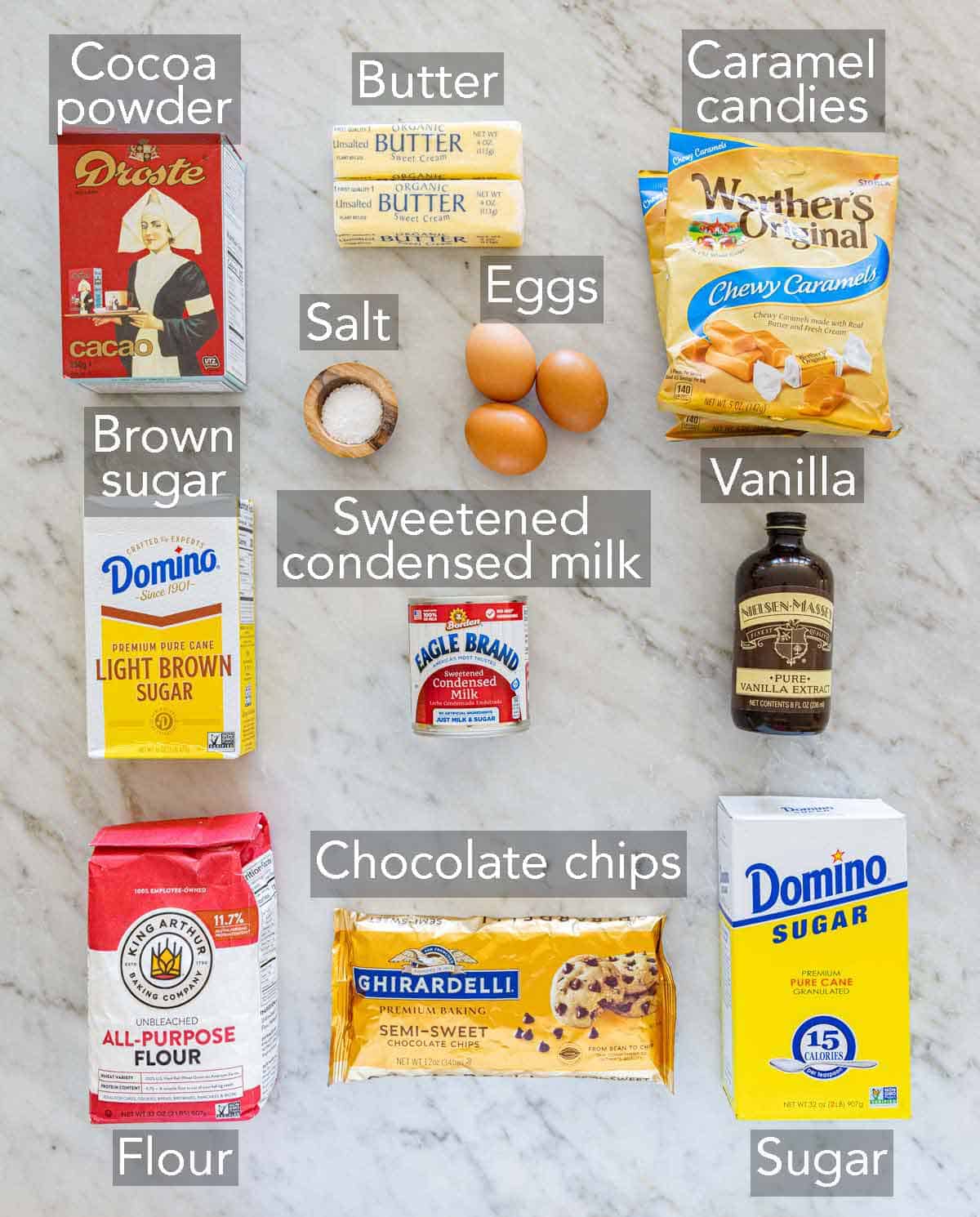 Ingredients needed to make caramel brownies.