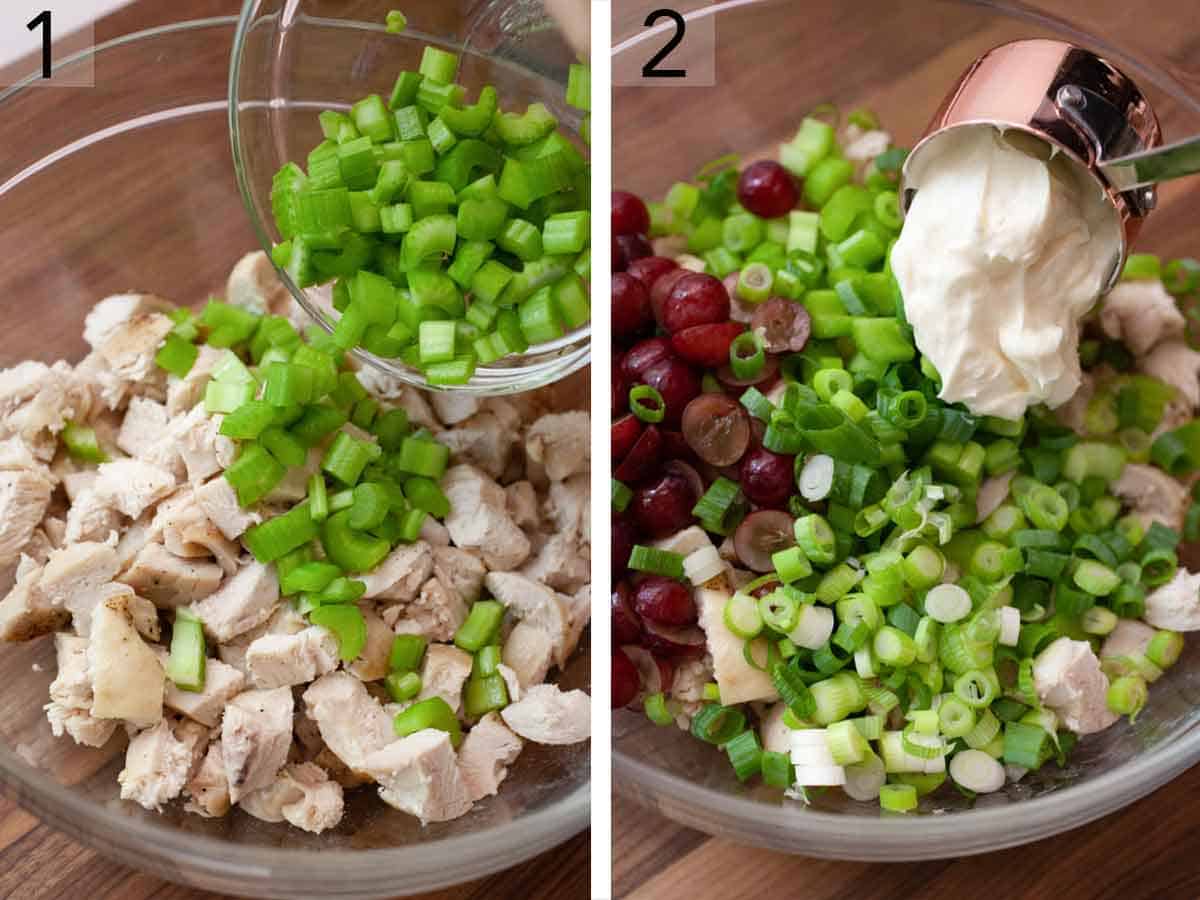 Set of two photos showing chopped celery added to a bowl of chicken and then mayo added.