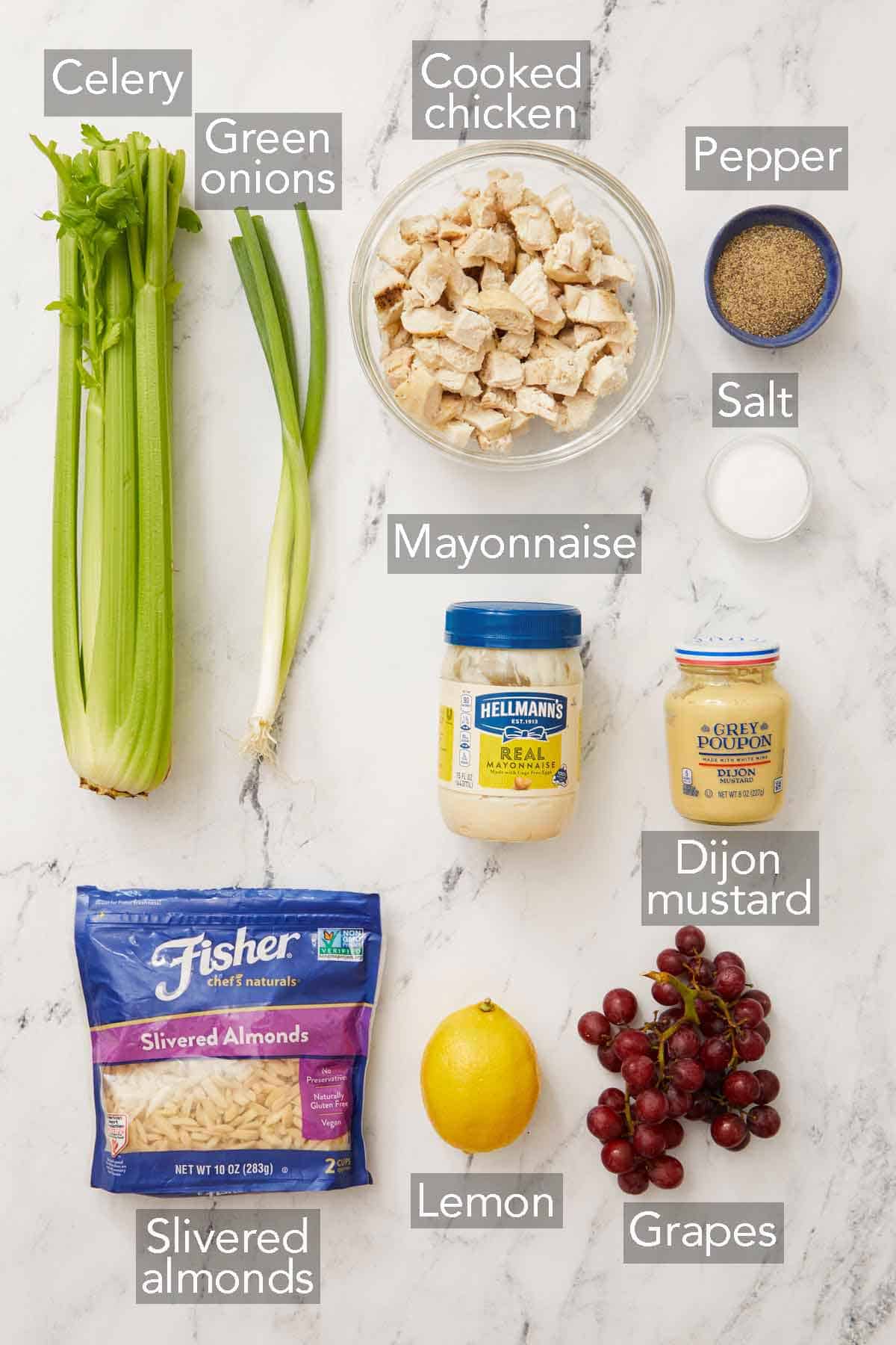 Ingredients needed to make chicken salad.
