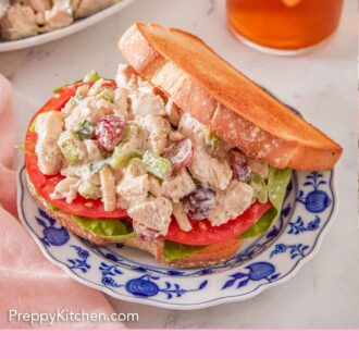 Pinterest graphic of a plate with chicken salad in a sandwich with a glass in the background.
