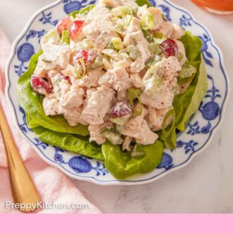Pinterest graphic of a plate with chicken salad over lettuce with an iced drink in the background.