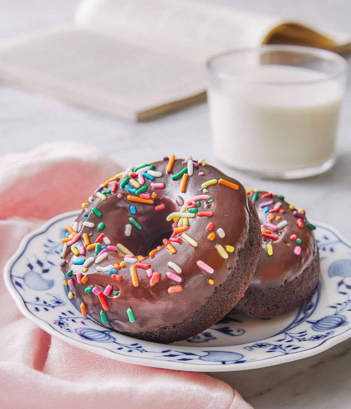 A plate with two chocolate donuts with rainbow sprinkles on the glaze.
