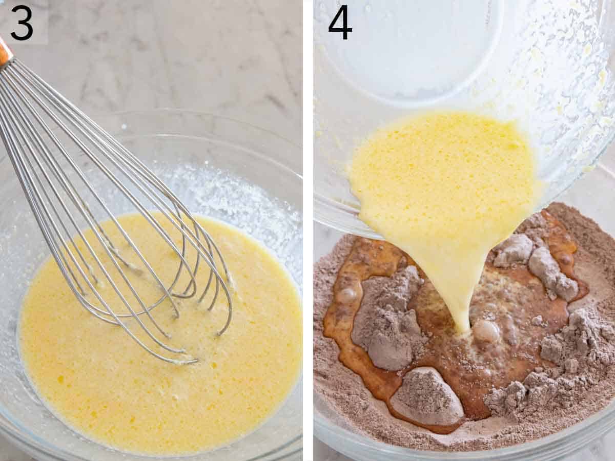 Set of two photos showing wet ingredients whisked in a bowl and poured into the dry ingredients.