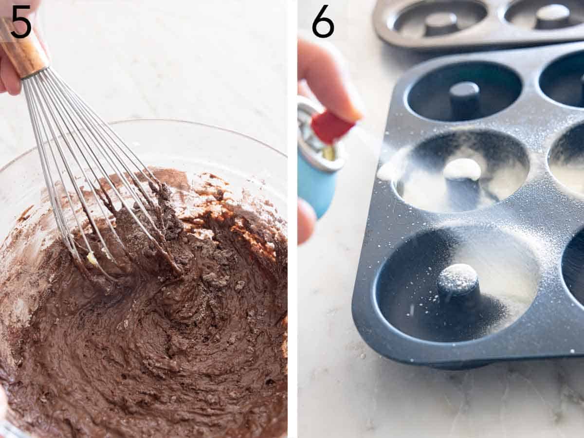 Set of two photos showing donut batter whisked and donut pan sprayed.