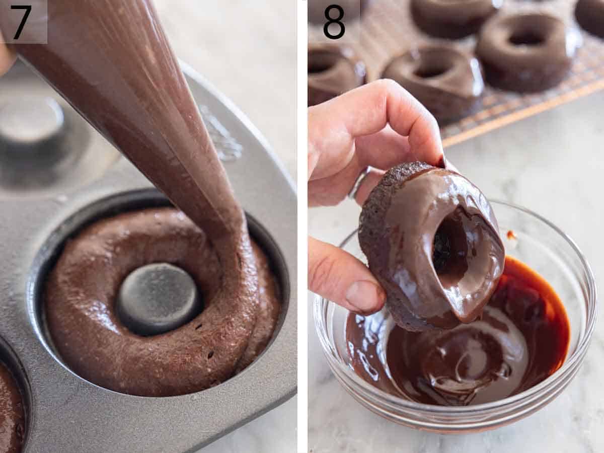 Set of two photos showing batter piped into the greased pan then baked donuts dipped in chocolate.